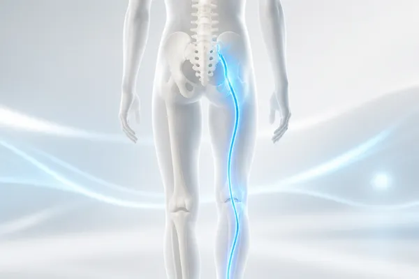 Render anatómico 3D del cuerpo humano con el nervio ciático resaltado en azul, descendiendo desde la zona lumbar por la parte posterior de la pierna