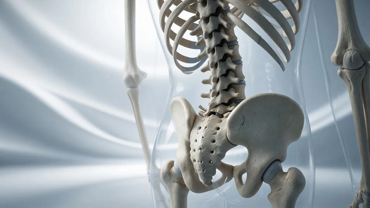 Render 3D abstracto de la columna lumbar humana con sacro y pelvis en tonos blancos y azul claro, sobre fondo luminoso con ondas suaves